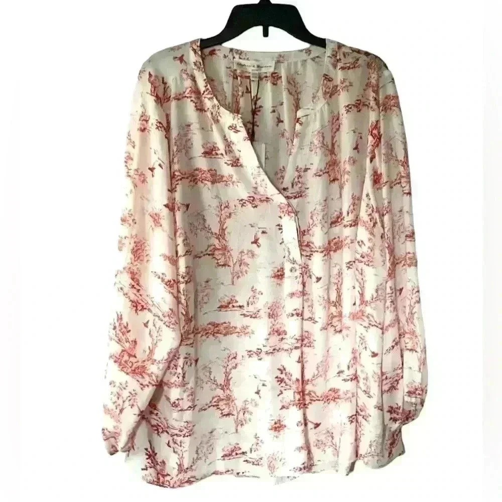 NWT Chelsea& Theadore Pink /red Bird and Tree Print Top Blouse Size 3X